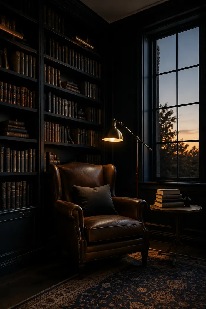 Biblioteca del club con estanterías oscuras hasta el techo y sillón de lectura
