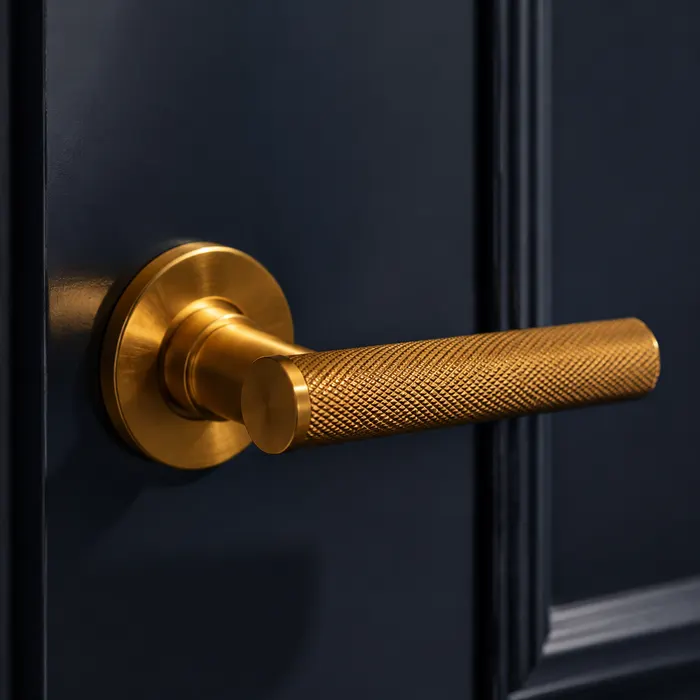 Detalle de un tirador de latón en una puerta azul marino