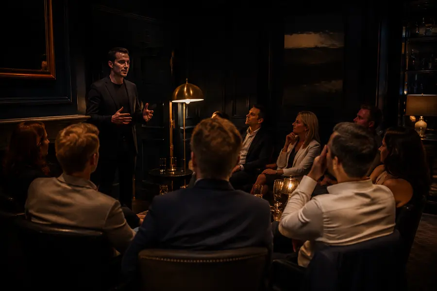 Ponente invitado conversando con un grupo reducido de socios en una sala privada