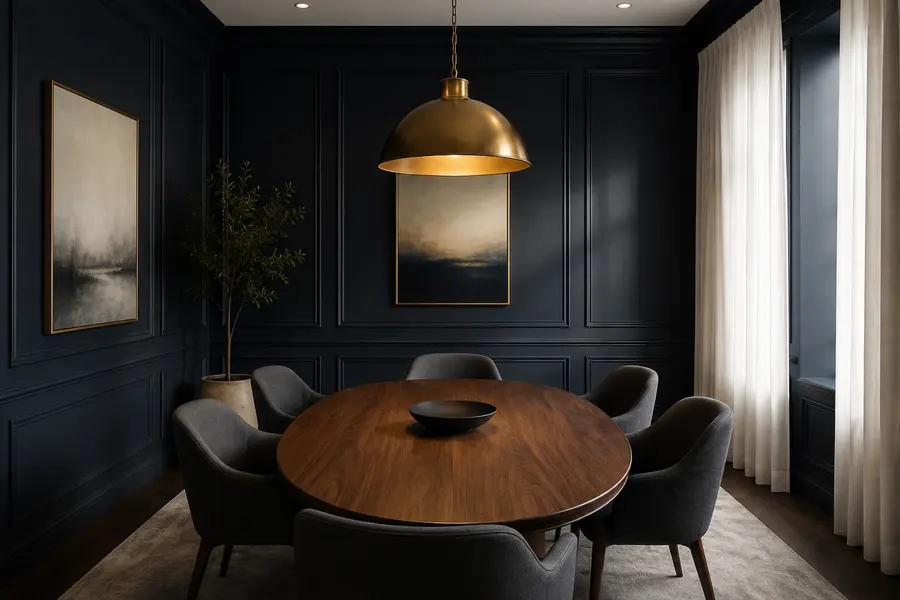 Sala de reuniones privada de Club Vora con mesa de madera y lámpara de latón