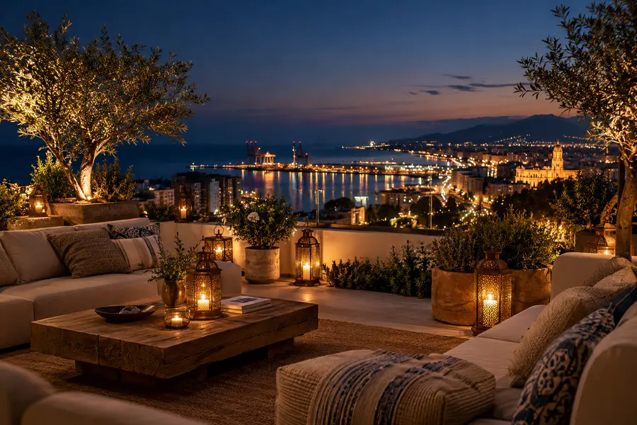 Terraza del club con vistas al puerto de Málaga al atardecer